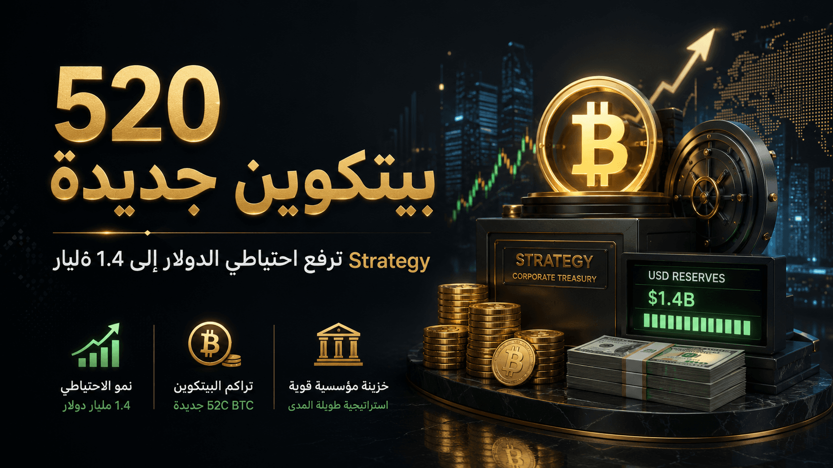 Strategy ترفع احتياطي الدولار الى 1.4 مليار وتضيف 520 بيتكوين