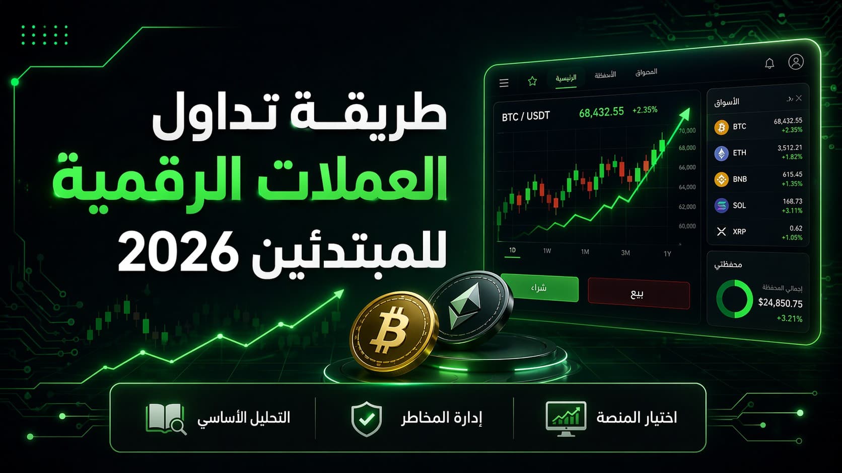 صورة غلاف كورس تعليمي يشرح طريقة تداول العملات الرقمية للمبتدئين خطوة بخطوة في 2026
