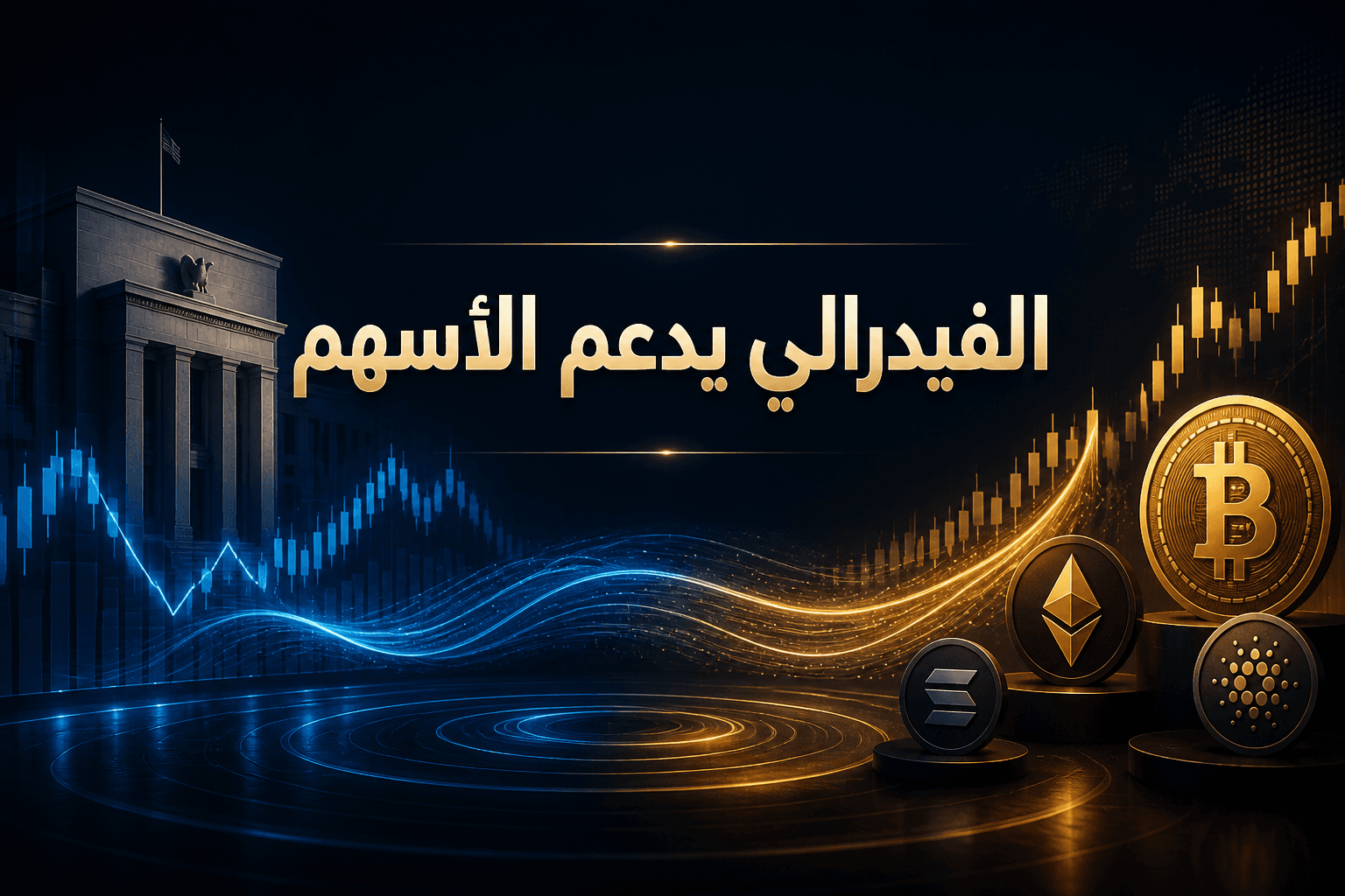 تصميم خبري يوضح دعم الفيدرالي للأسهم وتأثيره على الكريبتو